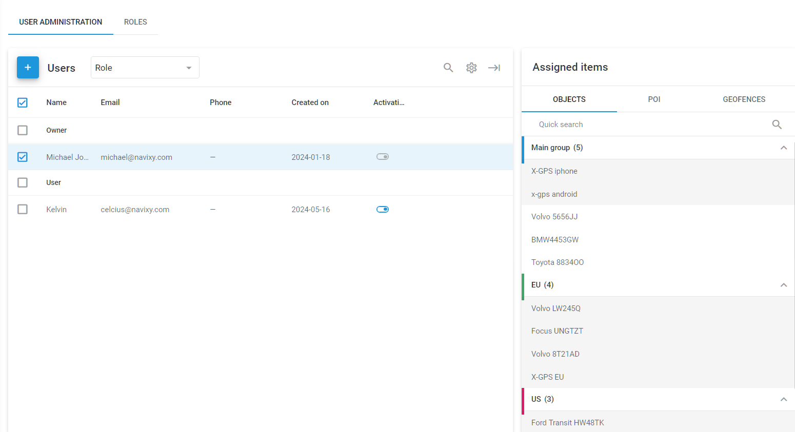 User administration page in Account settings. Shows an owner and a user account.